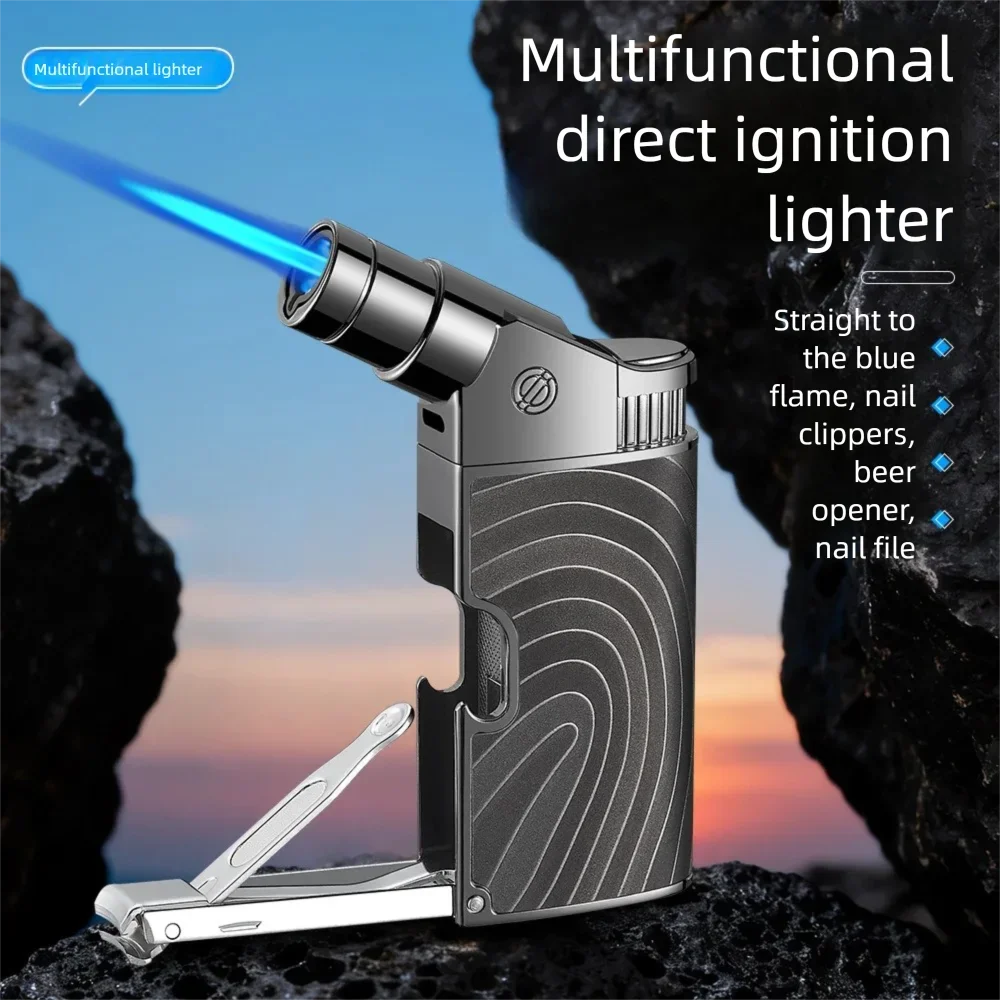 New Multifunctional Portable Nail Clipper Bottle Opener Lighter, Outdoor Windproof Blue Flame Metal Lighter, Household Igniter