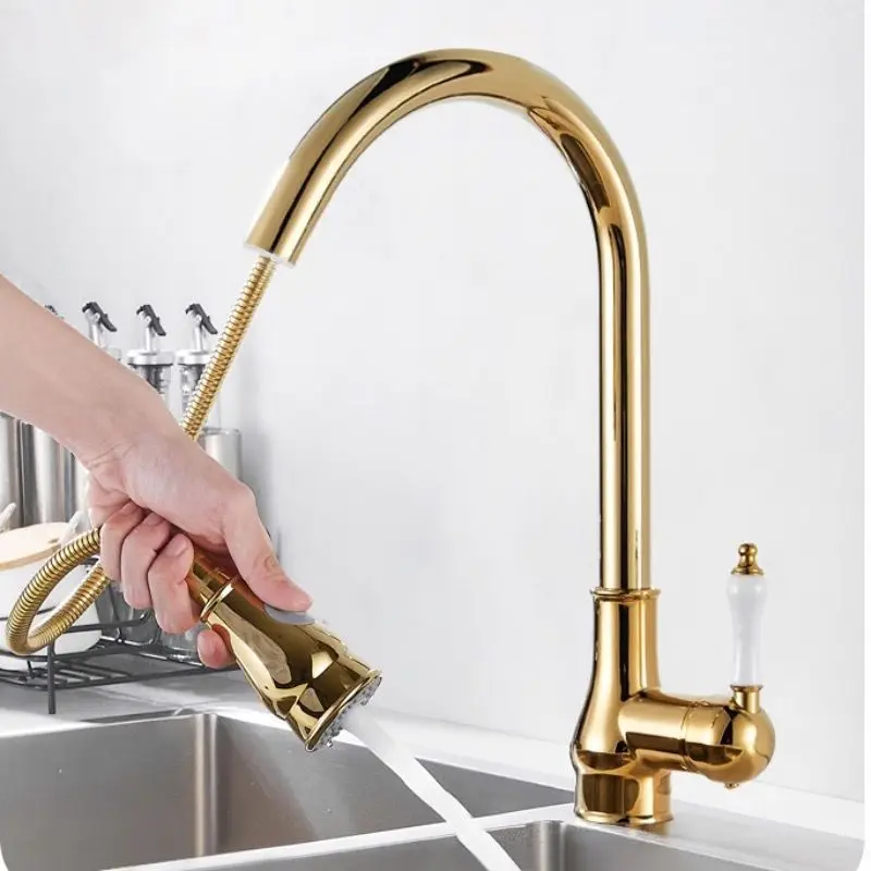 Antique-style kitchen pull-out splash-proof faucet, washbasin, universal cold and hot sink faucet, French retro nozzle