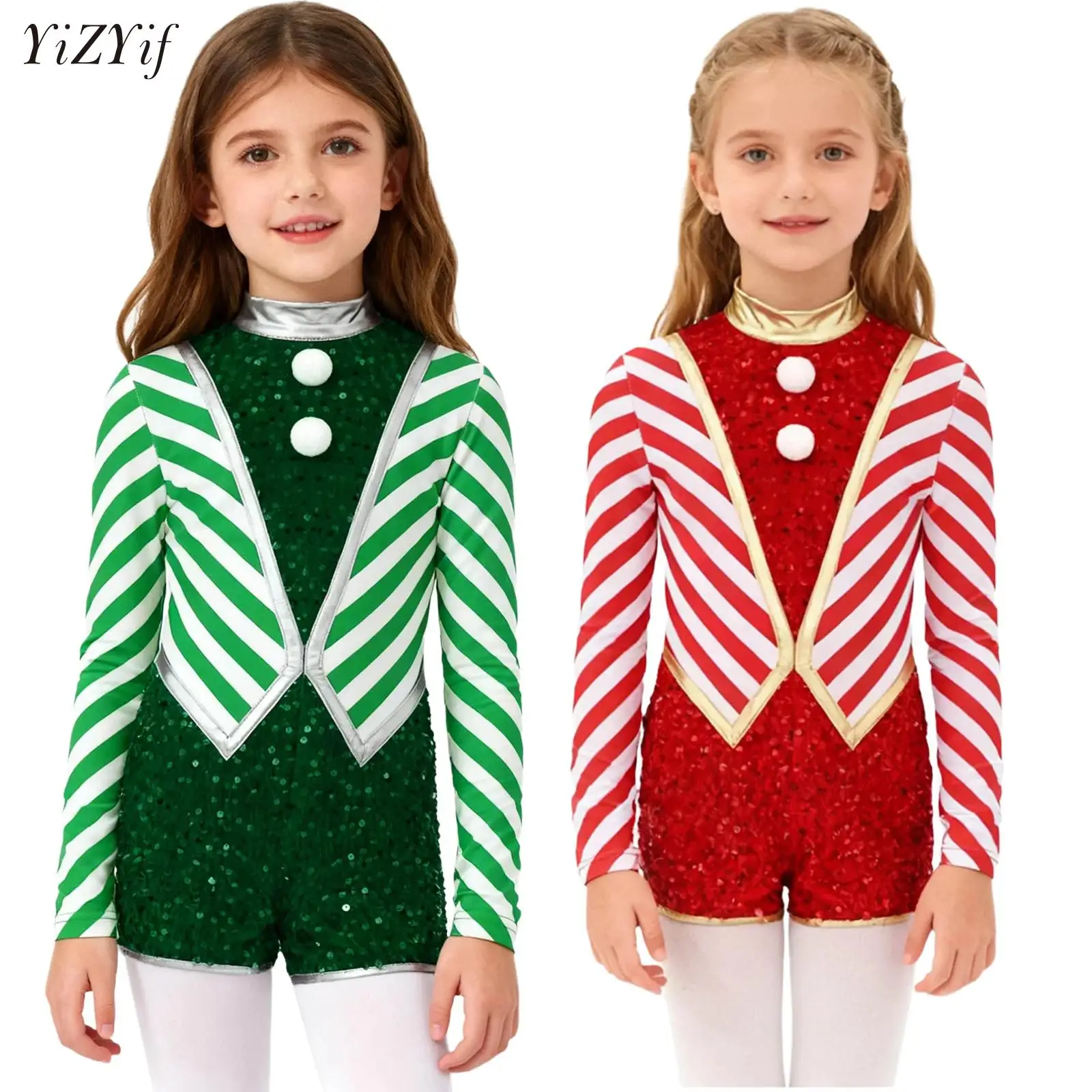 

Big Girls Shiny Sequin Christmas Elf Santa Claus Cosplay Costume Gymnastics Ballet Tutu Skating Leotard Unitard Candy Cane Dress