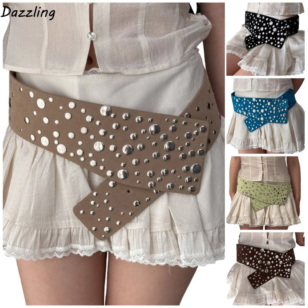 PU Leather Rivets Extra Wide Belt Punk Exaggerated Irregular Decorative Belt Gothic Versatile Studded Wide Waistband Daily Use