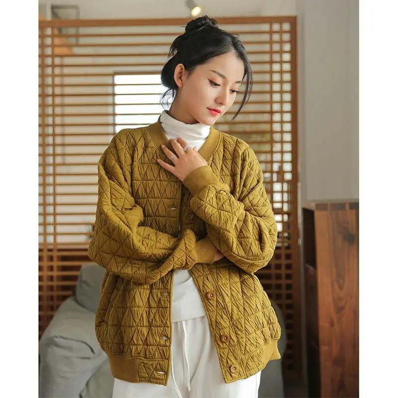 Vintage Women Big Size Sweatshirt Coat Quilted Jacket Autumn Clothing Casual Stand-up Collar Single-breasted Outerwear Pockets