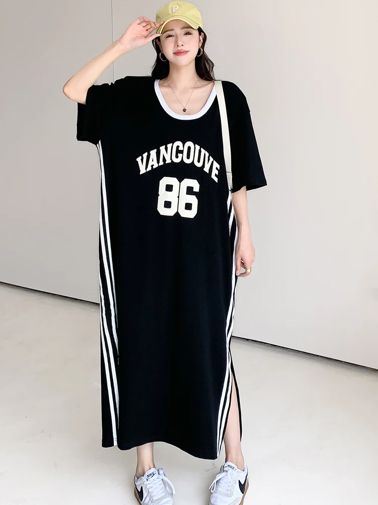 NYFS 2024 Summer New Korea Woman Dress Vestidos Robe Elbise Loose Plus Size Fat MM Letter Print Short Sleeve Long Dresses