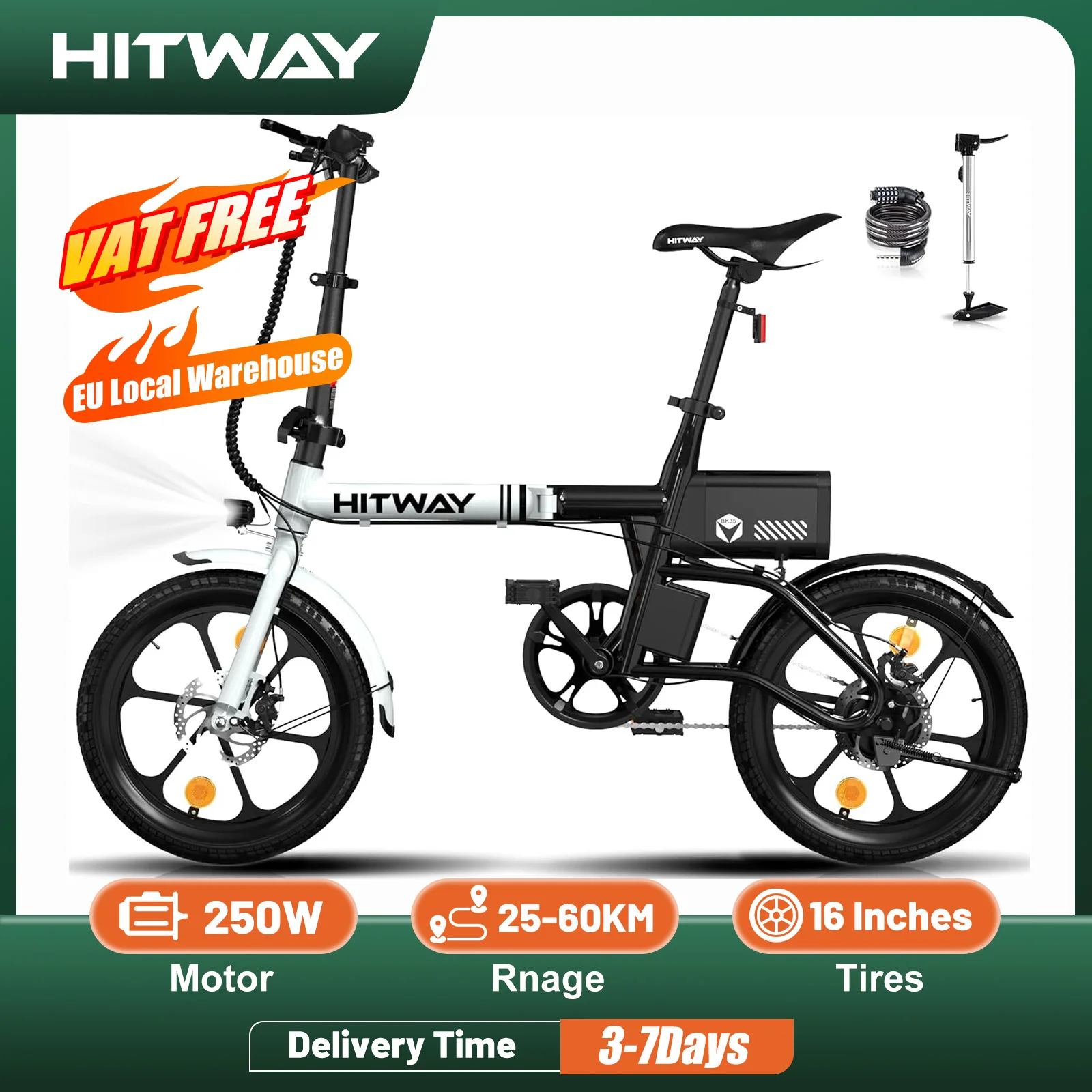 HITWAY BK35 Electric Bike, 16 ”E cycling 250W City E-Bike Max.Range 25-60KM woman man