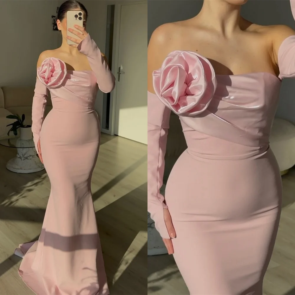 فستان سهرة من الجيرسيه الوردي بمزاج مخصص عالي الجودة بدون حمالات وأكمام طويلة فساتين المشاهير فستان حفلات رائع