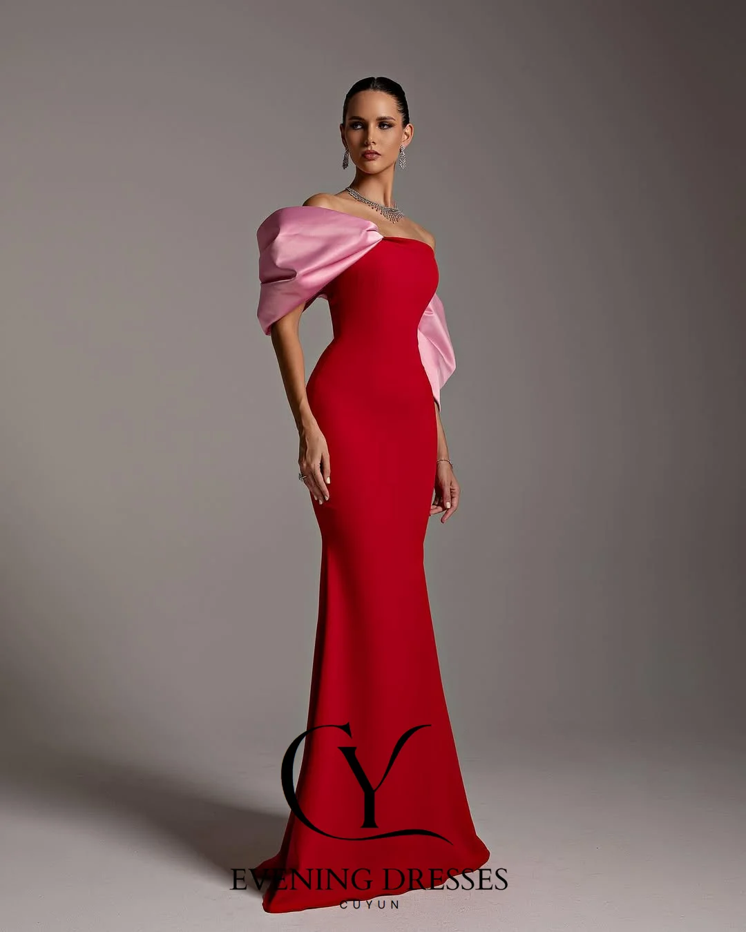 CUYUN أنيقة حورية البحر ثوب مسائي مخصص الأحمر والوردي قبالة الكتف حزب فساتين النساء مأدبة ثوب #3