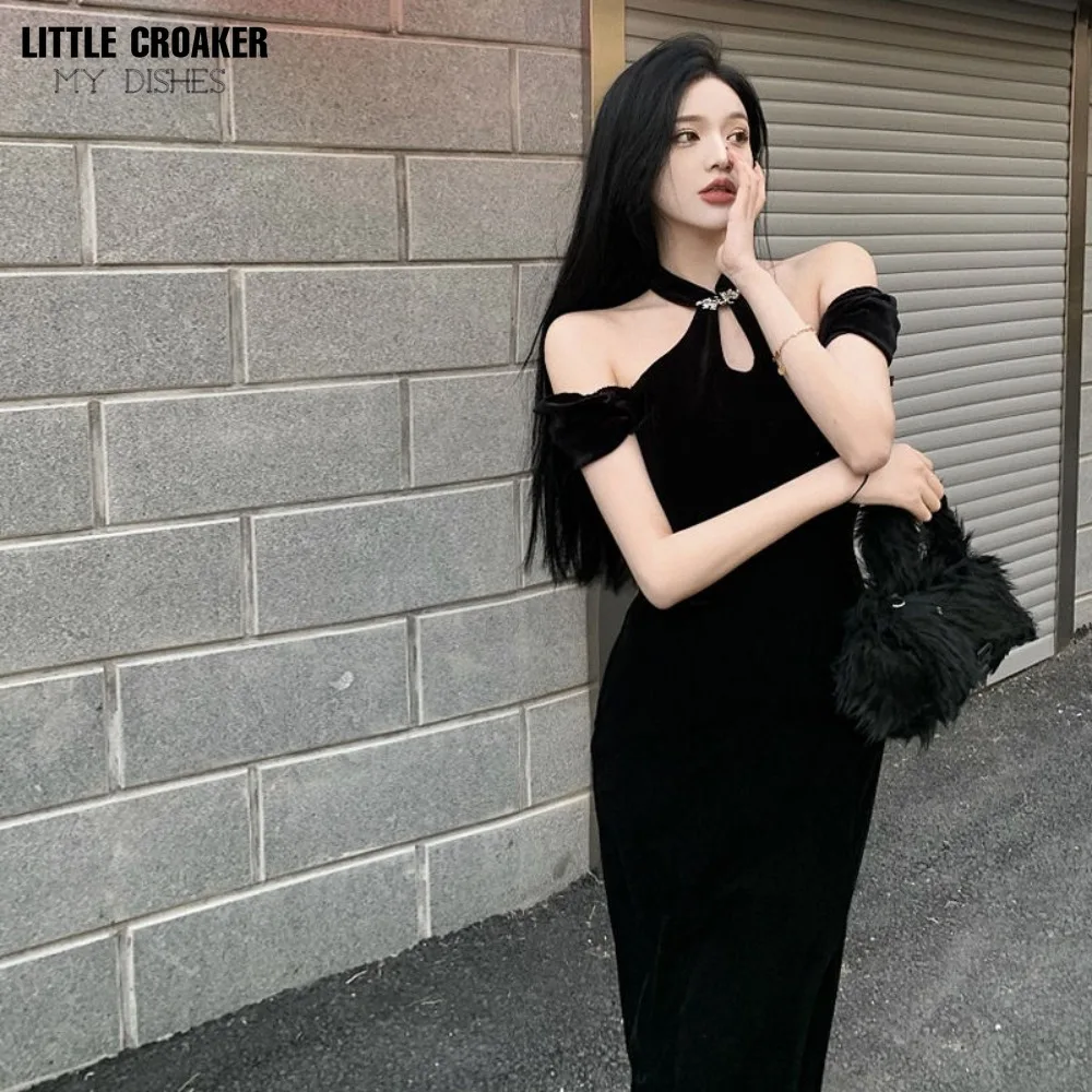 

Improved Qipao Dress Women's Black Cheongsam Dress Summer 2023 New Cold Shoulder Vintage Tight Chinese Style Dress Women Sexy