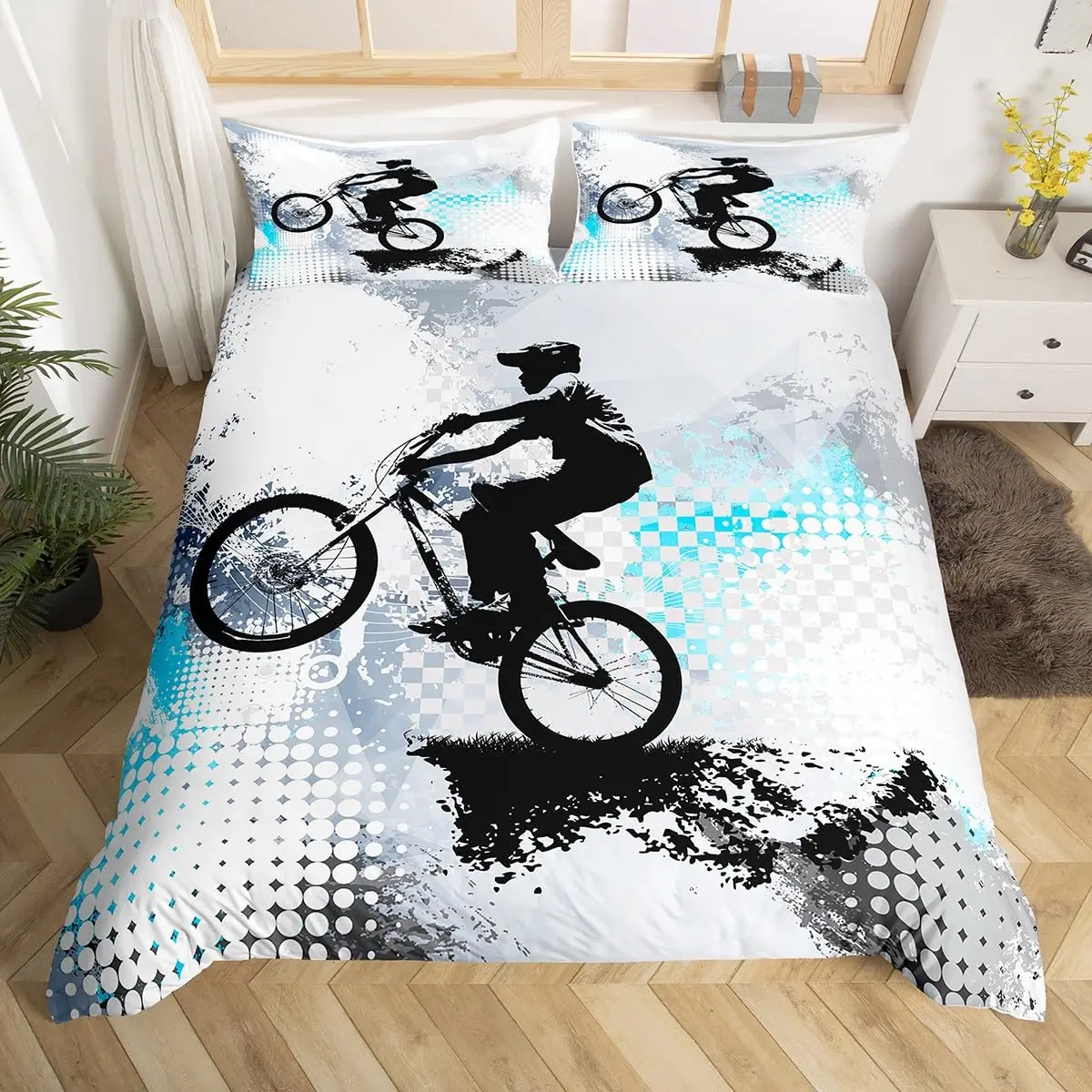 Motocross Rider Duvet Cover Set Boys Teenagers Extreme Sports Theme Queen Black Bedding Set Men Green Motorbike Comforter Covers