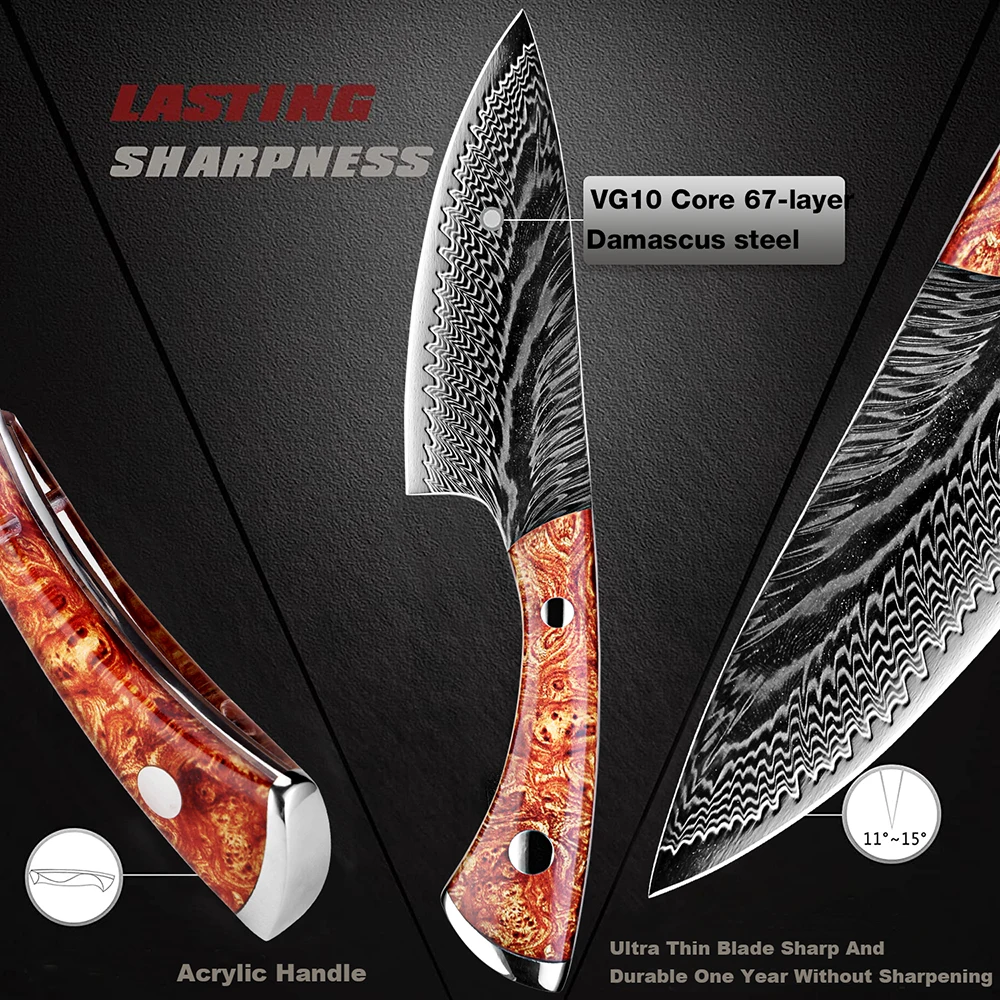 Damascus Utility Knife Fillet Knife Japanese Damascus Steel Razor Sharp Kitchen Chef Knife for Fish Poultry Chicken Meat Cutting