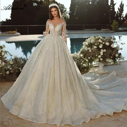 Alonlivn Luxury Lace Full Sleeves Ball Gown Wedding Dresses Illusion Neck Beading Embroidery Vestido De Noiva