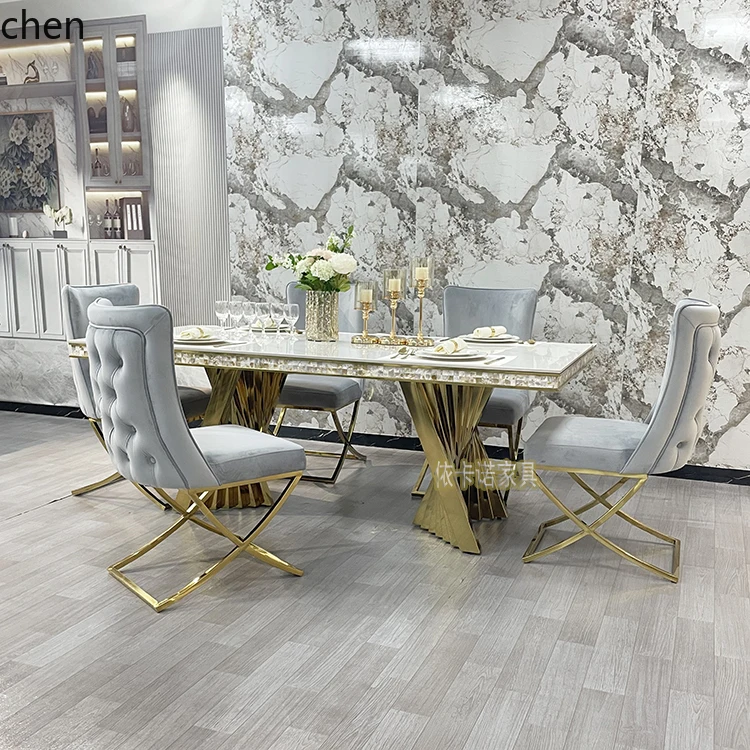 ZML Marble Dining Table and Chair Set Modern Simple Rectangular High-end Dining Table Home Stainless Steel Dining Table