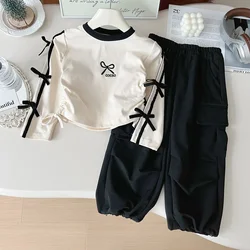 Autumn Girls Two-piece Set Printed Bow Waist Top+Solid Color Cargo Pants Toddler Girl Clothes Kids Kids Clothes Girls