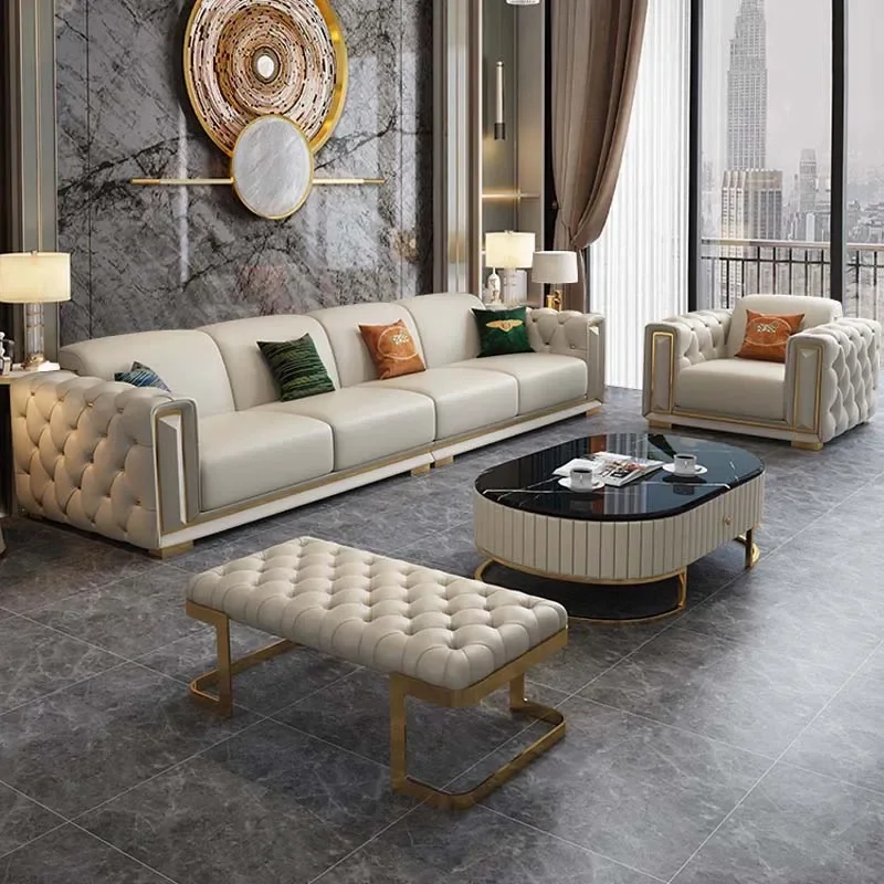 

mHigh-end Stainless Steel And Titanium Edge Sofa Set Living Room Furniture Sponge Leather L Shape Sofas l