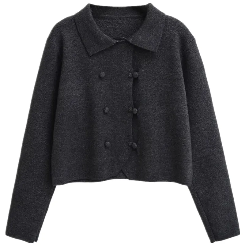 Novo Casaco de Malha F de Manga Longa com Gola e Botões Duplos para o Outono Inverno 2024, Estilo Cardigan de Crime...