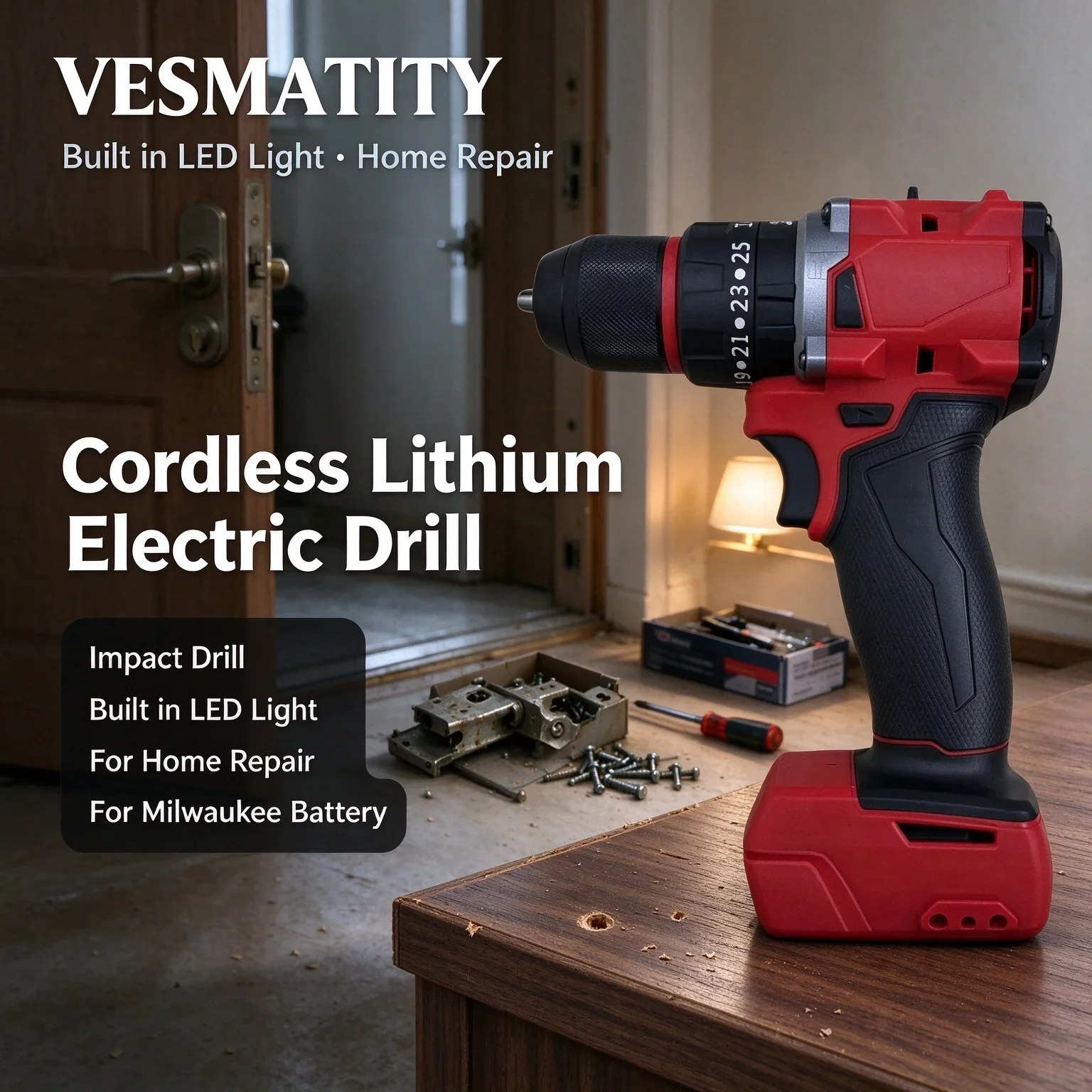 Cordless Portable Impact Drill Lithium Electric Drill Built in LED Light for Home Repair for Milwaukee Battery