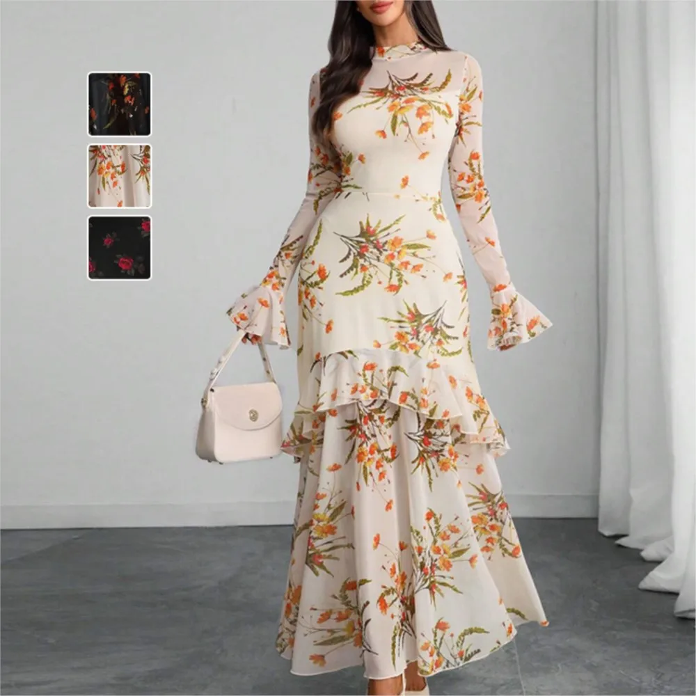

Black Long-sleeved Dress With Lotus Leaf Sleeves Plant Flower Print New Spring Women's Long Dress Vestidos Para Mujer Ropa Mujer