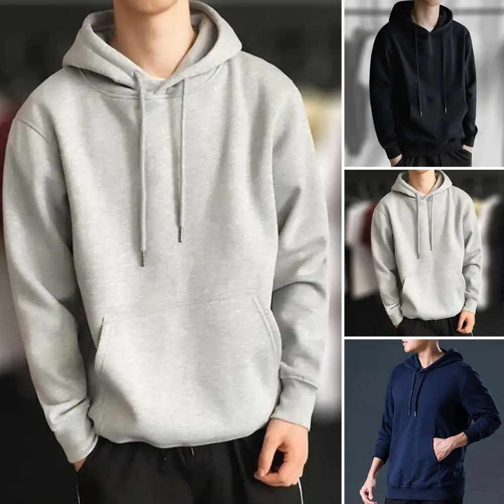 Men Hoodie Long Sleeves Hooded Hat Drawstring Wear-resistant Solid Color Pullover Elastic Cuff Autumn Sweatshirt For Daily Wear