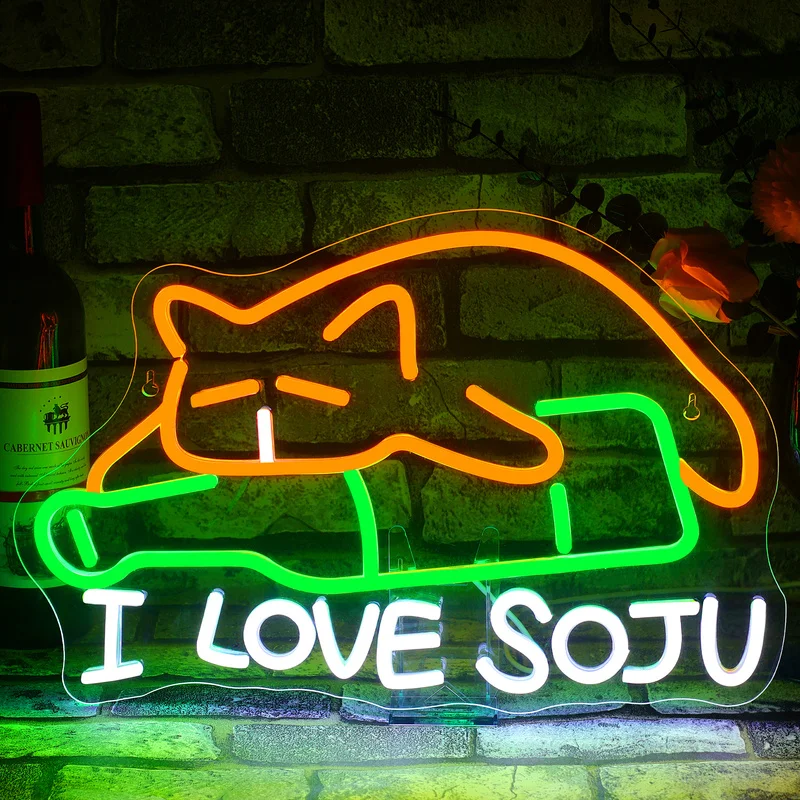 I Love Soju Neon Sign Cat Led Neon Light Wall Decor For Bar Club Party Colorful Soju Neon Light Sign Dimmable Animal Neon Light