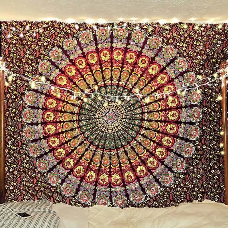 VIKAMA Brown Bottom Retro Peacock Mandala Hanging Cloth Living Room Background Wall Room Decoration