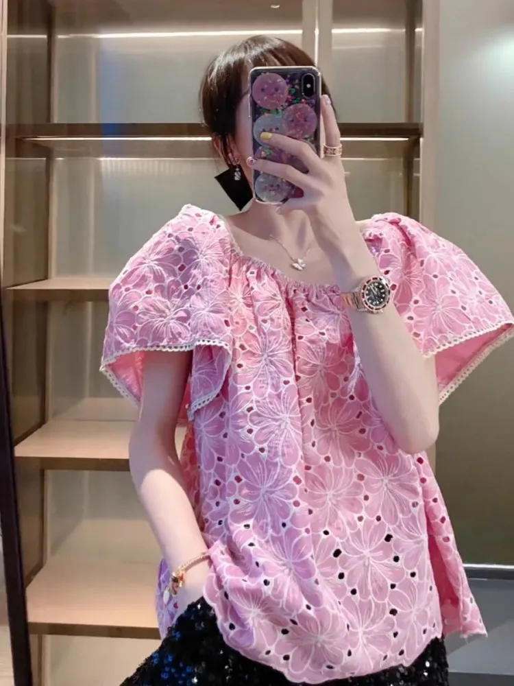 Mode doux Style coréen femme évider crochet fleur chemises manches évasées col carré Slash cou coupe ample hauts pullover