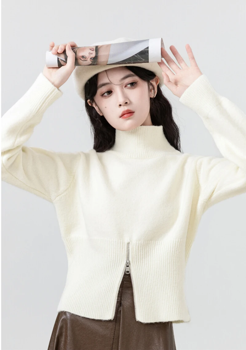 Short White High Collar Sweater For Women Spring Autumn New Style Gentle Wind Zipper Fork Design Soft Knitted Sweater Small Top