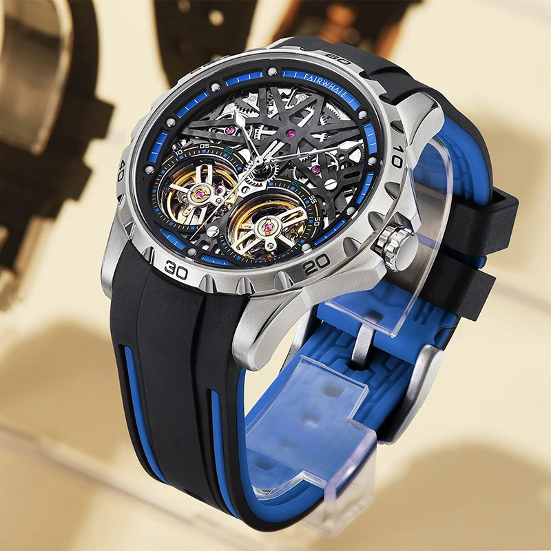 Men's Trendy Mechanical Watch with Date Display 24 Hour Indicator Dual Flywheel Water Resistant Stainless Steel Case 44mm Dial