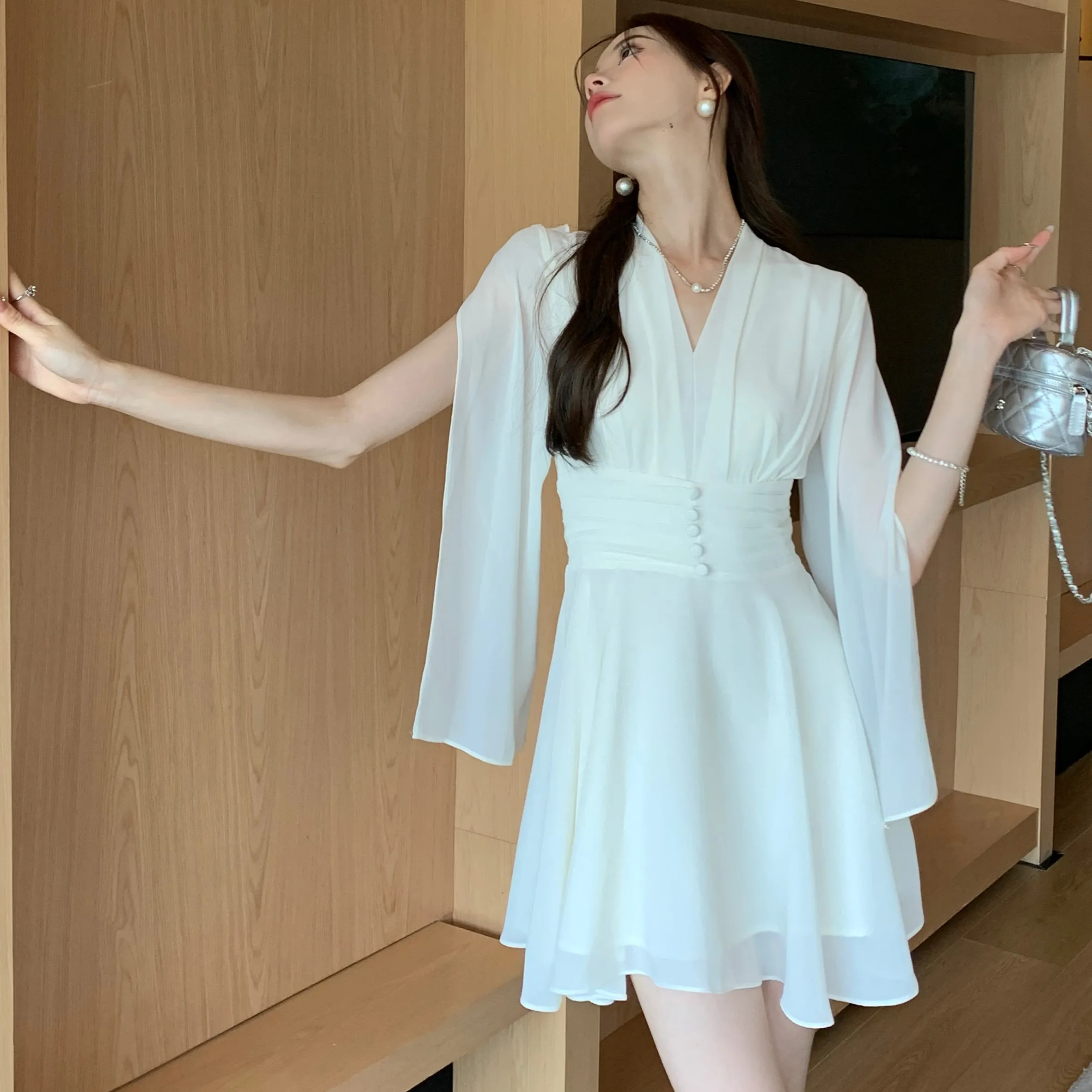 Elegant Luxury Dresses for Women Fairycore Irregular Long Sleeve Chiffon Dress Sweet Ruffles Fashion Summer White Mini Dress Y2K