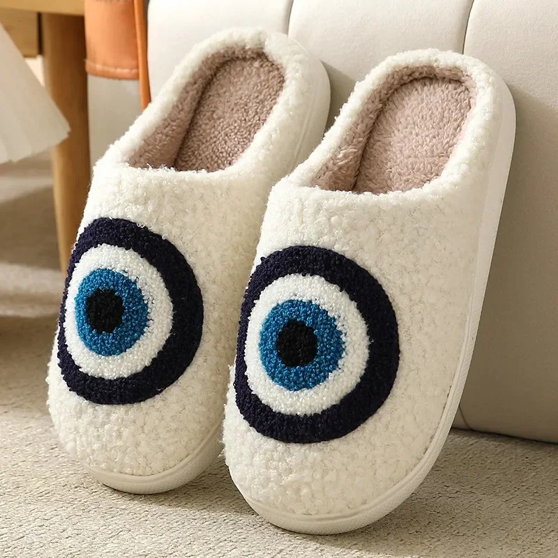 Women Fluffy Fur Plush Slippers Blue Evil eyes Women\'s Home Slippers Funny Cute Slippers Non Slip Winter Shoes for Women Men