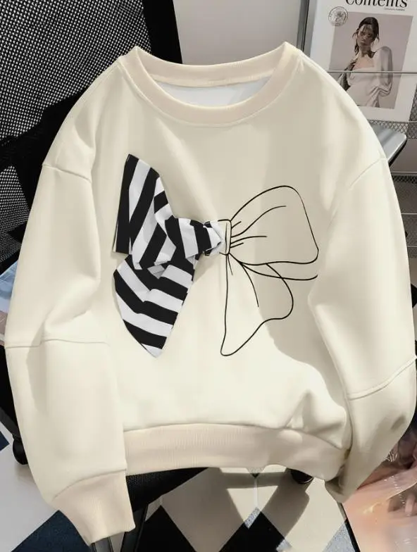 

Women's Hoodie 2025 Autumn New Sweet and Artistic Style Round Neck Striped Three-Dimensional Bow Decoration Hoodie