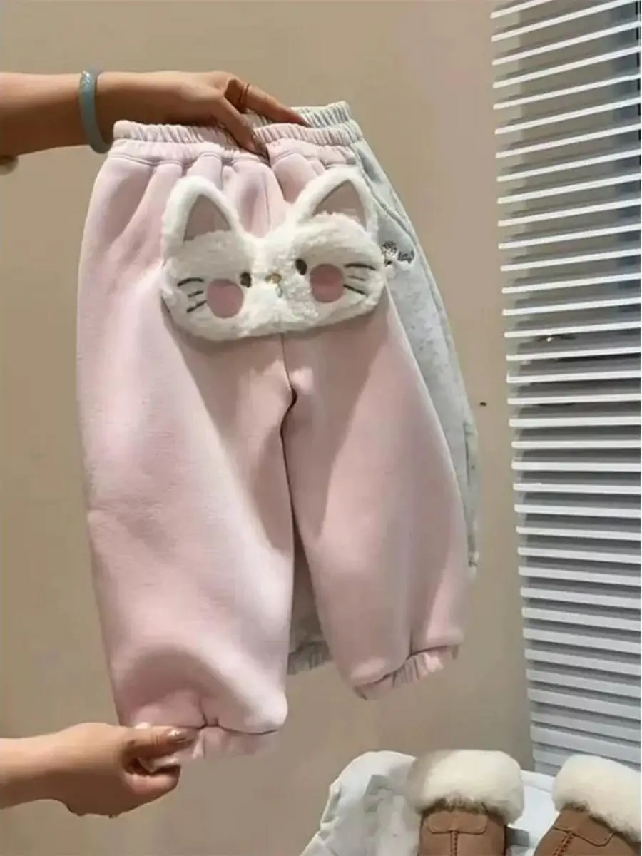 Pantaloni Foderati in Pile per Ragazze, Autunno Inverno, Alla Moda con Cartoni Animati, Pantaloni Caldi con Risvolto, Pantaloni Sportivi Foderati in Pile per Ragazze