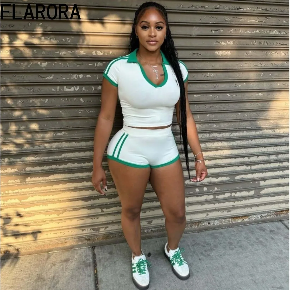 

FLARORA Summer Stripe Patchwork 2 Pcs Set Woman V Neck Short Sleeve Crop Tops And Skinny Shorts Suits Fashion Street Tracksuits