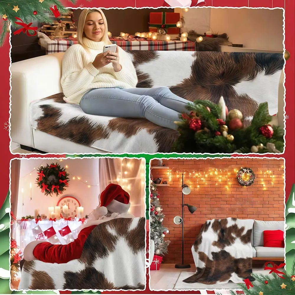 Vintage Cowhide Textured Winter Summer Flannel Blanket Throw Fleece Soft Fuzzy Plush Cozy Fleece Blankets for Sofa Ideal Gifts