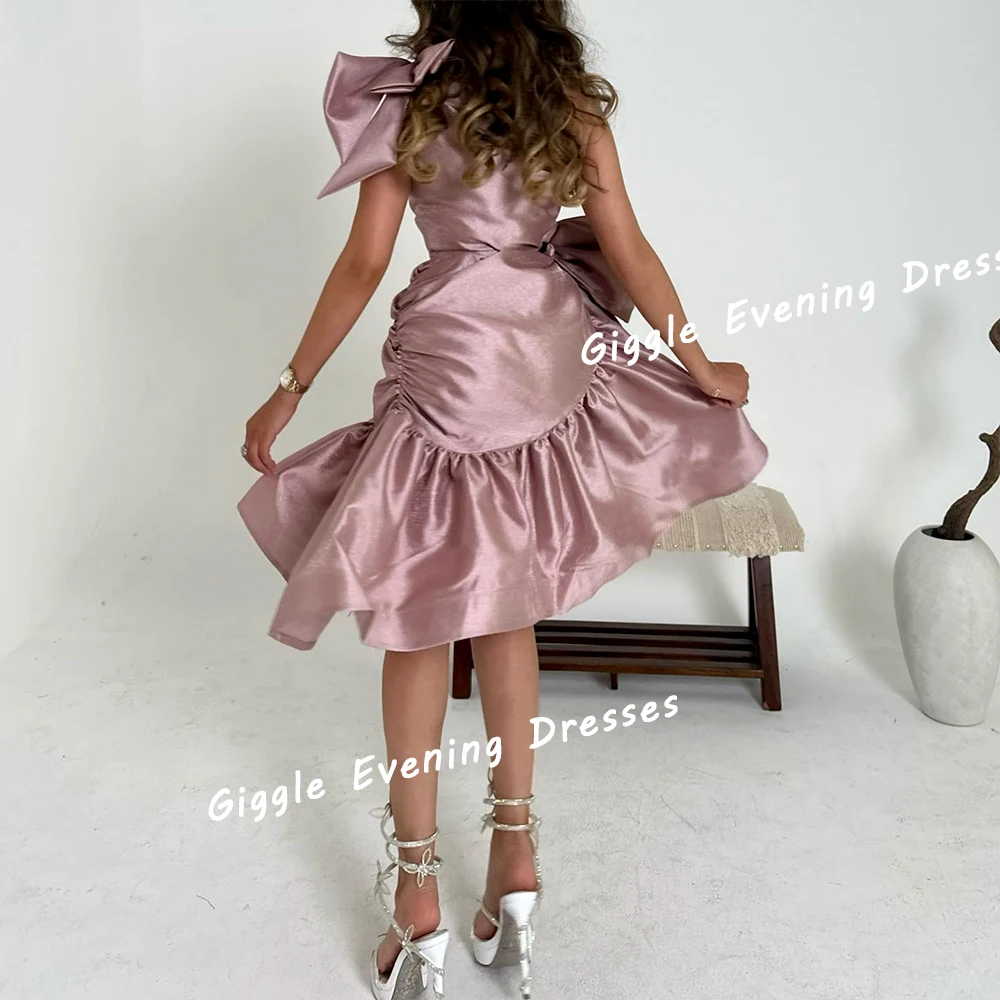 Giggle Satin One-Shoulder Pleating Bow Prom Gown Saudi Arab Elegance Cute Knee-Length Evening Party Dresses for Women 2024