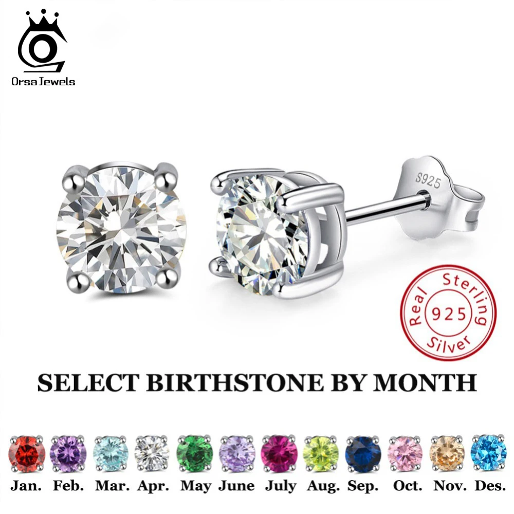 

ORSA JEWELS 925 Sterling Silver Women Stud Earrings 12 Color Month Lucky Birthstone AAA Cubic Zircon Earrings Girls Jewelry SE84