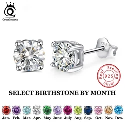ORSA JEWELS 925 Sterling Silver Women Stud Earrings 12 Color Month Lucky Birthstone AAA Cubic Zircon Earrings Girls Jewelry SE84
