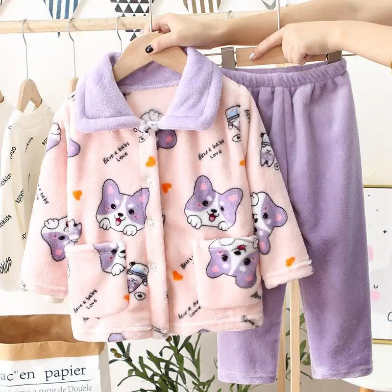 

Пижамный комплект 2021, детский осенне-зимний фланелевой утепленный теплый коралловый бархатный комплект с длинными рукавами для мальчиков и девочек, пижамный комплект из двух предметов