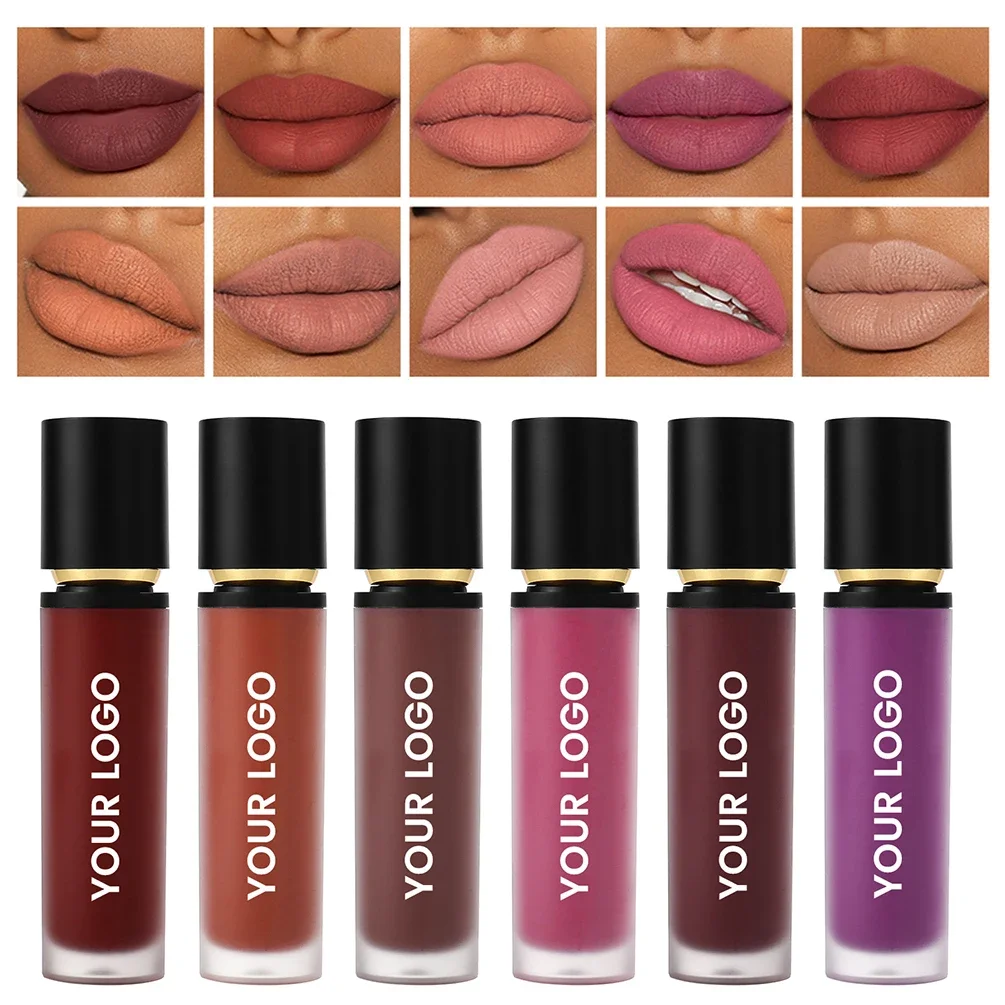 Private Label Lipgloss, individuelles Logo, schwarze Kappe, schrumpfende runde Röhre, matte Lippen, Glasur, glänzende Antihaft-Cup-Pigment-Make-up-Großhandel