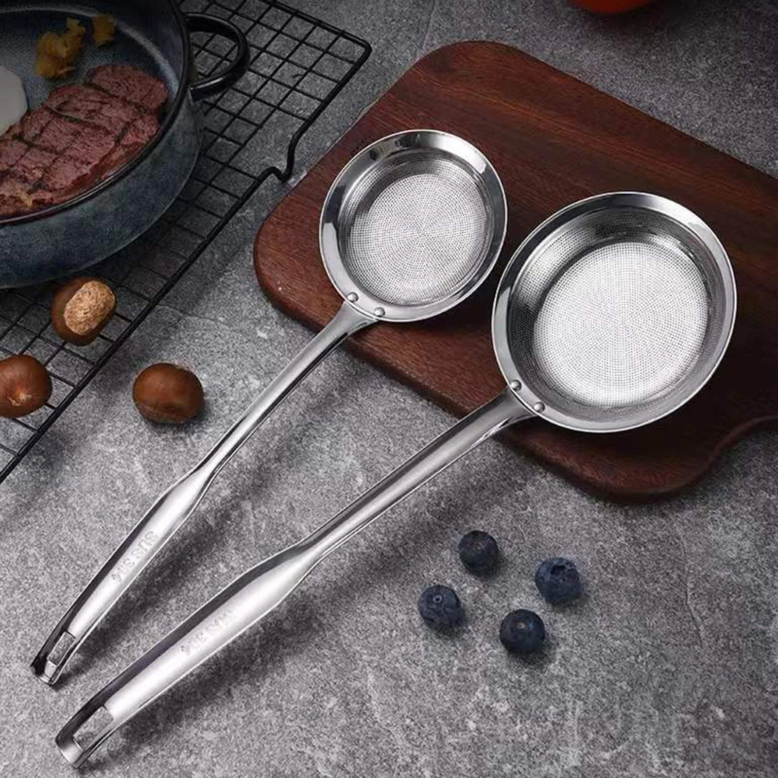 Stainless Steel Fine Mesh Strainer Colanders Soup Strainers Spoon for Skimming Grease and Foam with Long Handle Kitchen Supplies