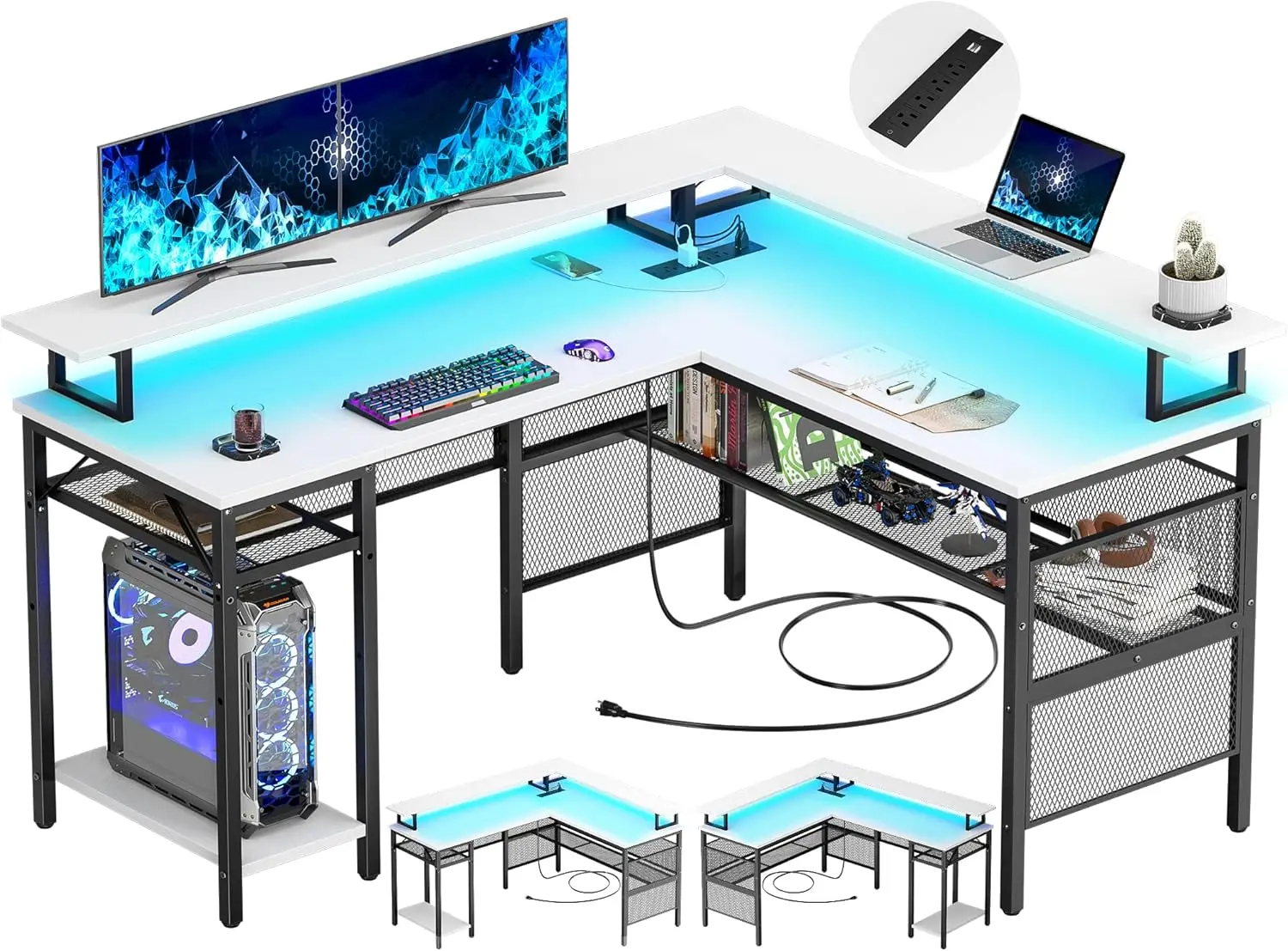 Modern Design White L Shaped Computer Desk with LED Strip & Storage Shelf Home Office Table for Gaming Setup USB Ports