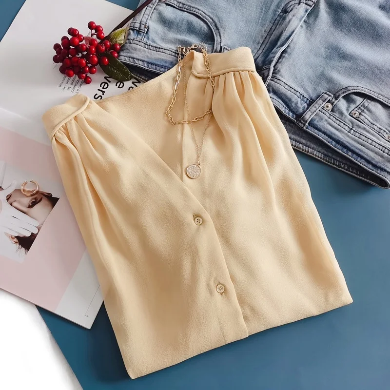 Birdtree, chemisier 100% soie véritable, hauts décontractés à col en v Double couche pour femmes, simple boutonnage, manches complètes, nouvelle chemise ample 2025 T5D403JF