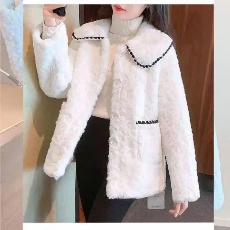 Abrigo de piel de cordero para mujer, chaqueta de conejo peludo, ropa de calle gruesa de Corea, Top de Cachemira de una pieza, 2022