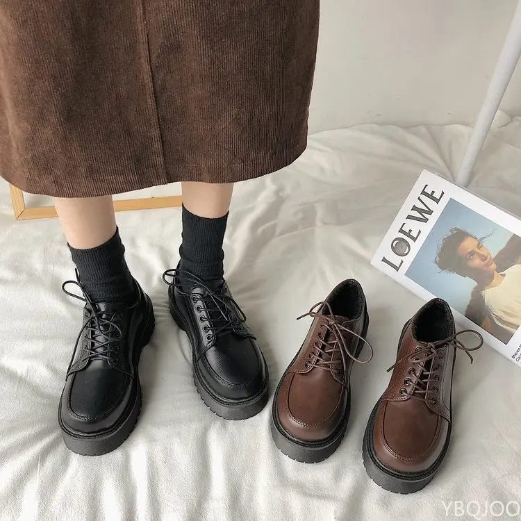 Spring Autumn Women Oxford Shoes Flat on Platform Casual Shoes Black Lace Up Leather Shoes Sewing Round Toe zapatos mujer