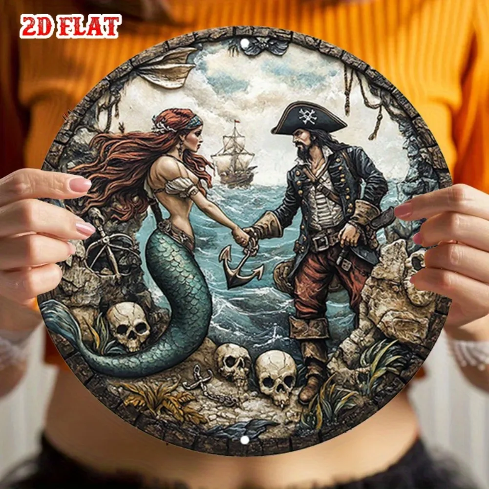 2D Flat 1pc Mermaids Round Aluminum Sign, Ship'S Anchor Metal Tin Sign - Pirate Rustic Metal Wall Art, Skeleton Metal Wall Art