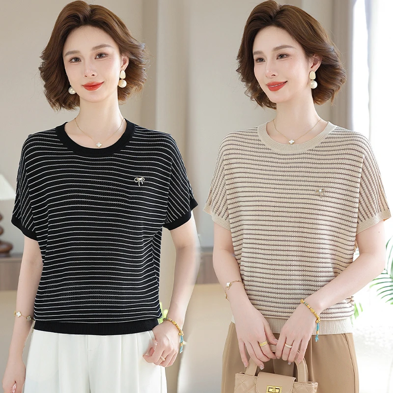 

Новая женская футболка 2025 года с коротким рукавом, свободного кроя, в полоску, из тонкого ледяного шелка, летняя, модная, скрывающая живот, для женщин среднего возраста, с эффектом похудения