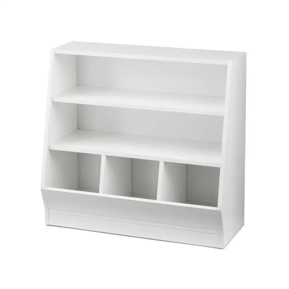 Kids Bin Storage Bookcase White Toy Organizer Shelf Flared Base Strap Stability Wall Attachment Easy Assemble 56lbs Load Cap.