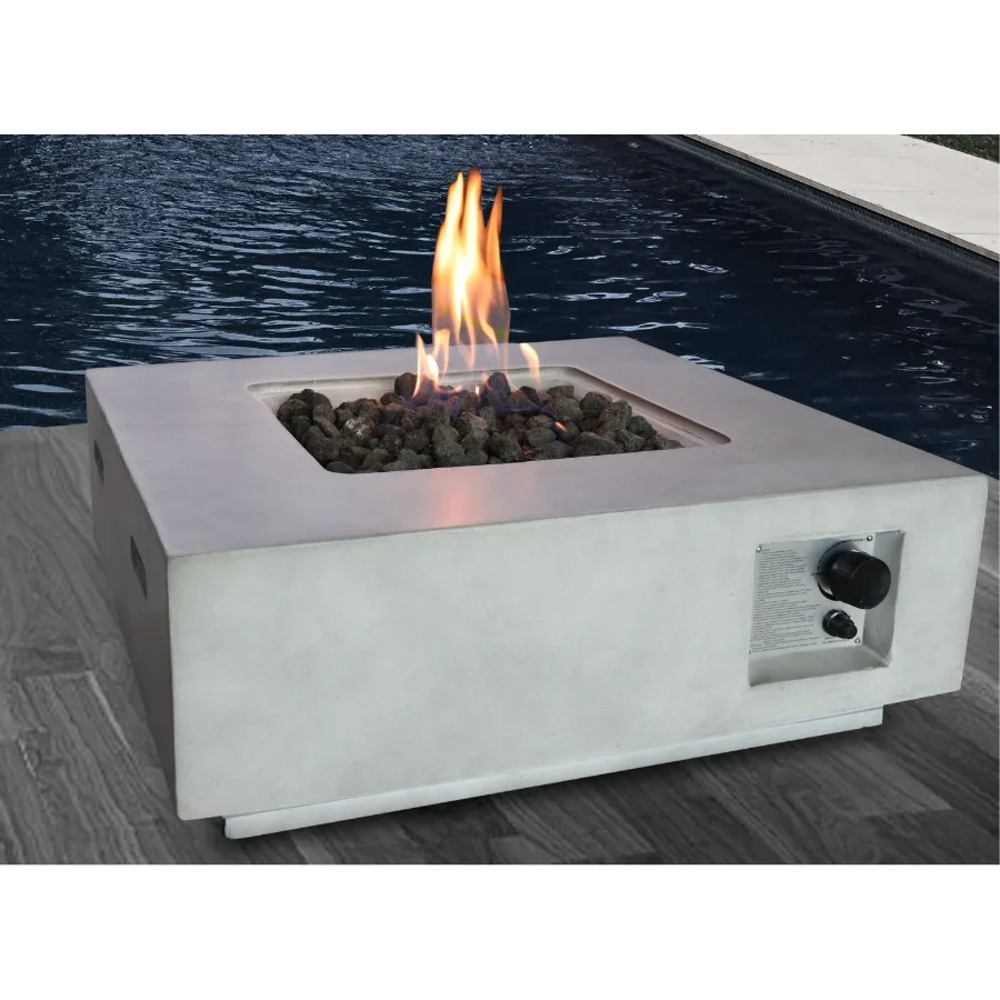 

Outdoor fire pit table made of fiber reinforced concrete in matte black with heat-resistant finish and integrated propane/natur