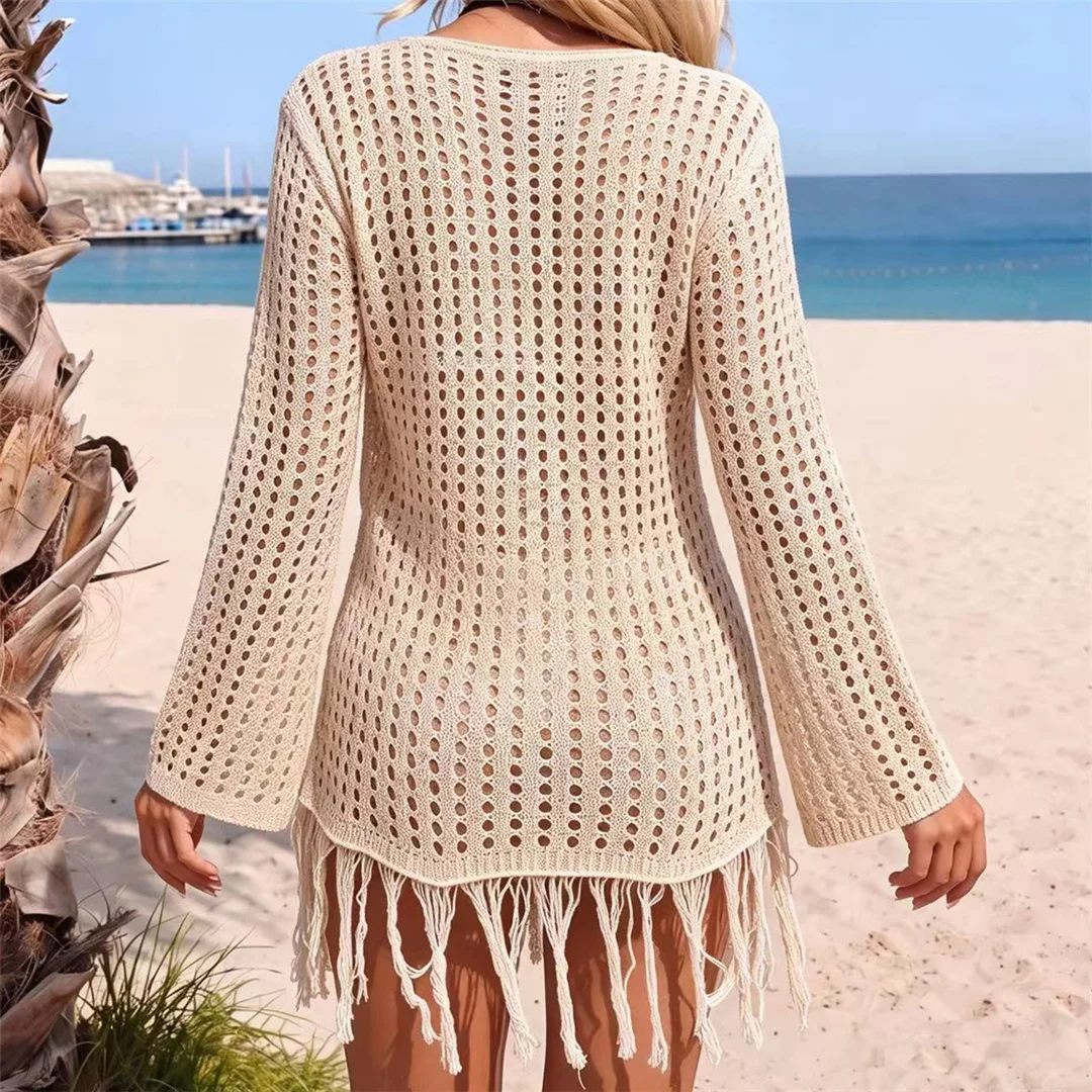 Langärmliges, einfarbiges, gehäkeltes, gestricktes Tunika-Strandkleid mit Quasten, Strandkleid, Strandmode, Damen V8515 – Detail 12