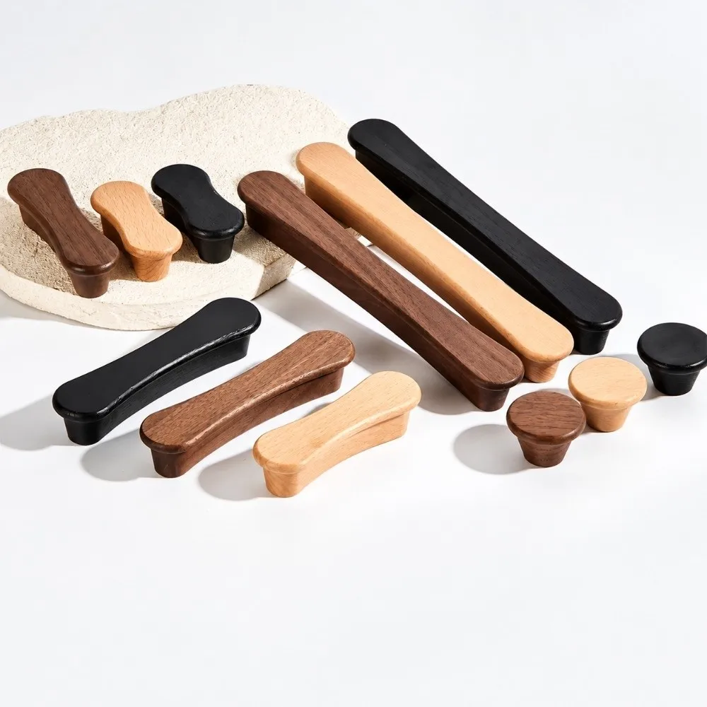Modern Solid Wood Cabinet Handles Long Pulls Nordic Style Wardrobe Door Knobs Minimalist Design Wooden Drawer Pulls Drawers