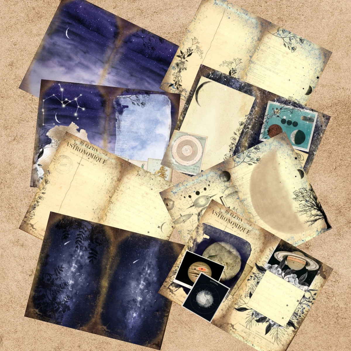 16 Sheets A5 Size Twelve Constellations Universe Stars Planets Background Vintage Grunge Journal Planning Scrapbooking