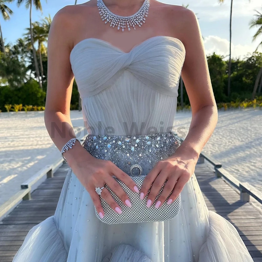 Sweetheart tule beading a linha vestidos de noite babados sem alças vestidos de festa de casamento personalizar