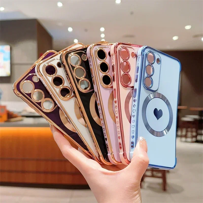 Love Heart Plating Magnetic Case For Samsung Galaxy S25 S24 S23 S22 S21 Ultra Plus S20 FE Shockproof For Magsafe Back Cover